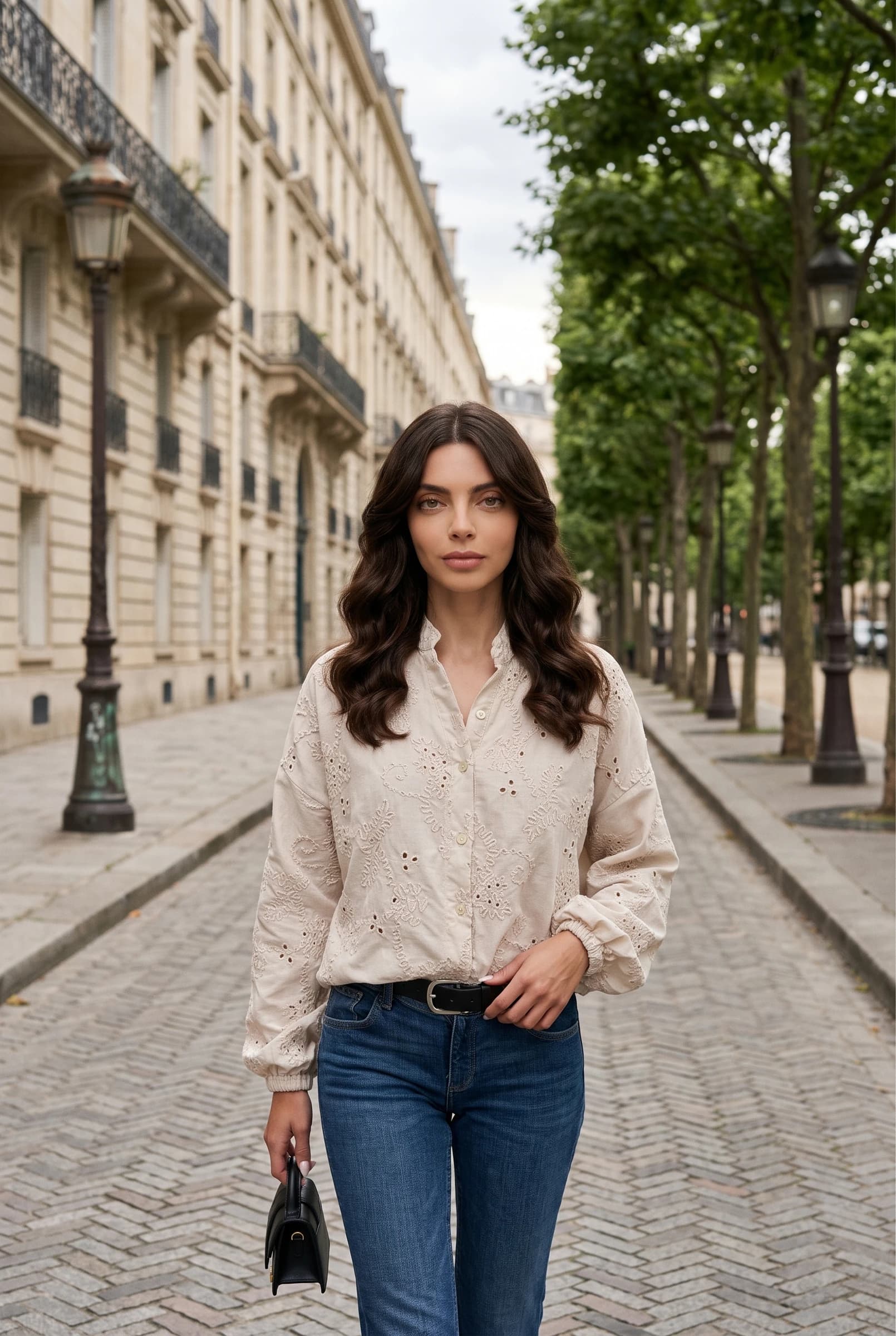 Women's Embroidered Eyelet Shirt Cream Boho Lace Blouse