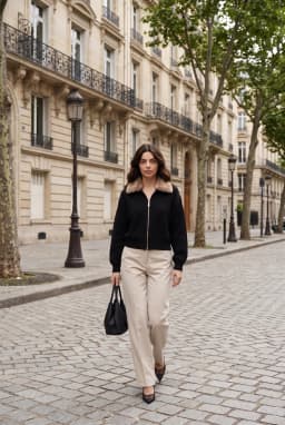 Damen Strickpullover mit Reißverschluss und Kunstfellkragen — Schwarz