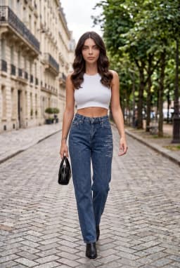 Vaqueros Tiro Alto Mujer 100% Algodón Estampado Texto Azul