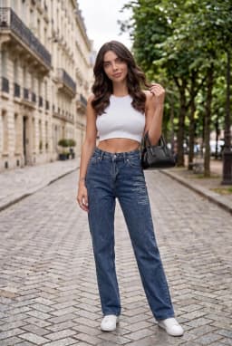 Vaqueros Tiro Alto Mujer 100% Algodón Estampado Texto Azul