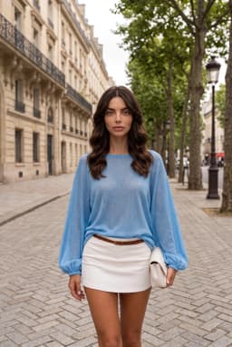 Damen Hellblaue Transparente Strickbluse U-Boot-Ausschnitt Ballonärmel