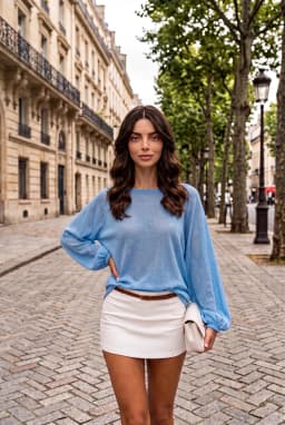 Damen Hellblaue Transparente Strickbluse U-Boot-Ausschnitt Ballonärmel