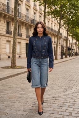Damen Kurze Jeansjacke Dunkelblau im Military-Stil