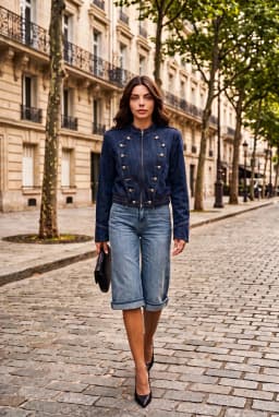 Damen Kurze Jeansjacke Dunkelblau im Military-Stil