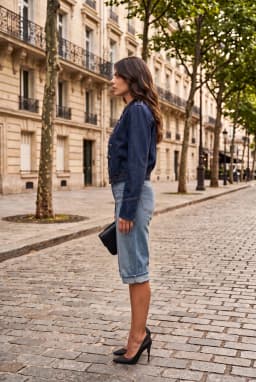 Damen Kurze Jeansjacke Dunkelblau im Military-Stil