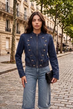 Damen Kurze Jeansjacke Dunkelblau im Military-Stil