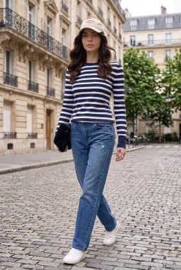 Women's Navy & White Striped Crew Neck Long Sleeve Knit Top