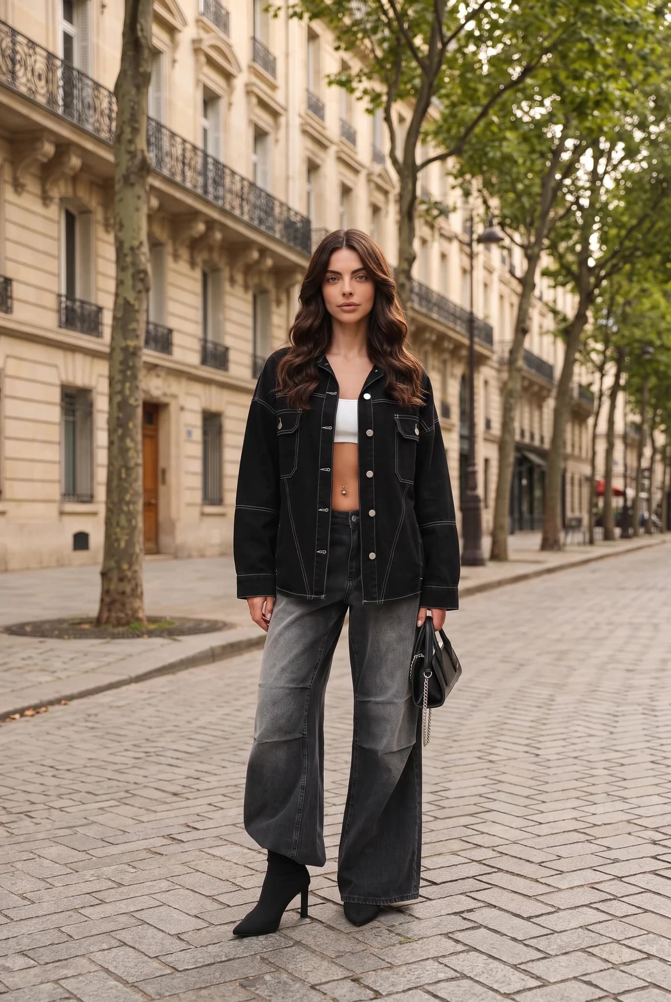 Women's Oversized Black Denim Jacket with Contrast Stitching