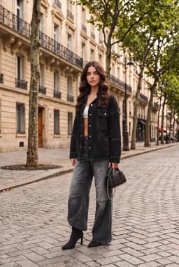 Women's Oversized Black Denim Jacket with Contrast Stitching