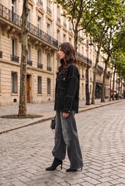 Women's Oversized Black Denim Jacket with Contrast Stitching