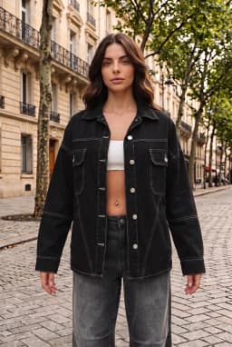 Women's Oversized Black Denim Jacket with Contrast Stitching