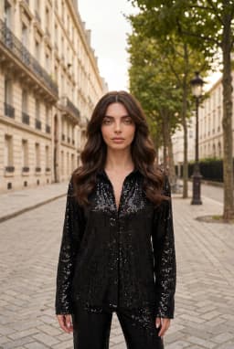 Women's Oversized Sequin Button-Down Shirt Black