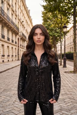 Women's Oversized Sequin Button-Down Shirt Black