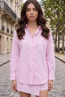 Camisa Oversize às Riscas 100% Algodão Mulher Rosa