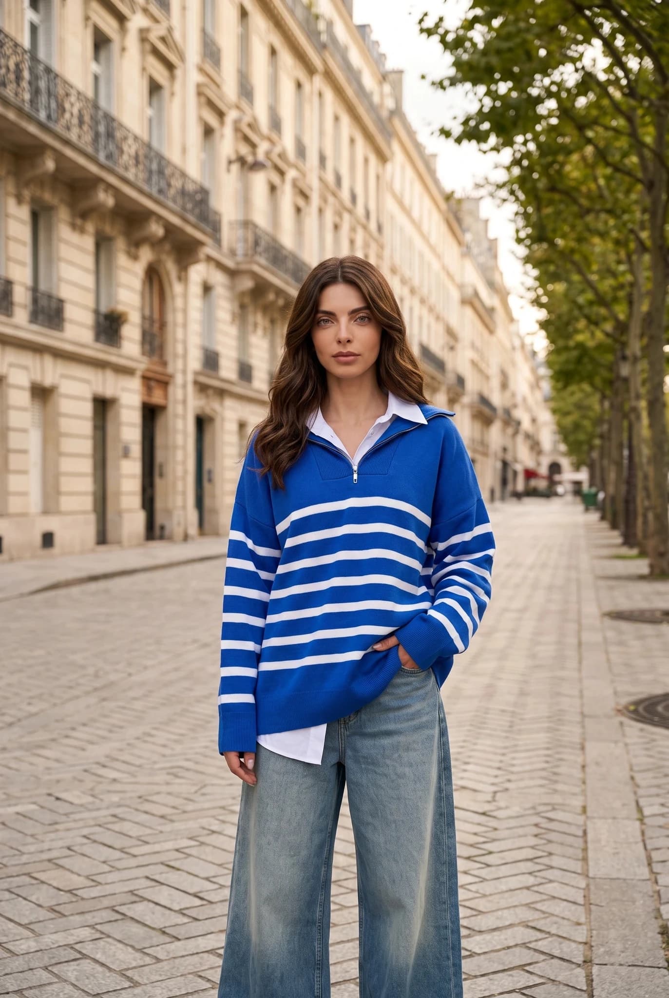 Women's Oversized Striped Half-Zip Knit Sweater Cobalt Blue