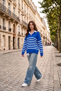 Women's Oversized Striped Half-Zip Knit Sweater Cobalt Blue