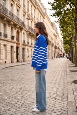 Women's Oversized Striped Half-Zip Knit Sweater Cobalt Blue