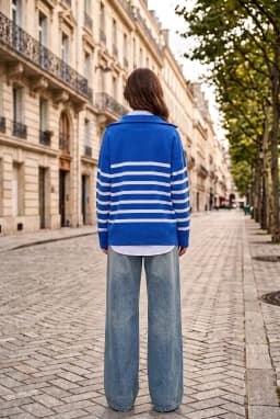 Women's Oversized Striped Half-Zip Knit Sweater Cobalt Blue