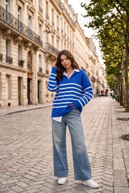 Women's Oversized Striped Half-Zip Knit Sweater Cobalt Blue
