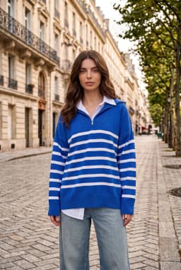 Women's Oversized Striped Half-Zip Knit Sweater Cobalt Blue