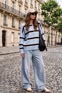 Γυναικείο Oversize Ριγέ Πλεκτό Πουλόβερ Polo Μπλε — Μπλε