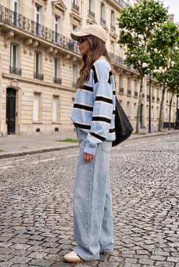 Γυναικείο Oversize Ριγέ Πλεκτό Πουλόβερ Polo Μπλε — Μπλε