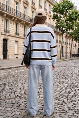 Γυναικείο Oversize Ριγέ Πλεκτό Πουλόβερ Polo Μπλε — Μπλε