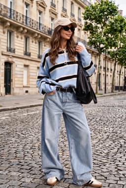 Γυναικείο Oversize Ριγέ Πλεκτό Πουλόβερ Polo Μπλε — Μπλε