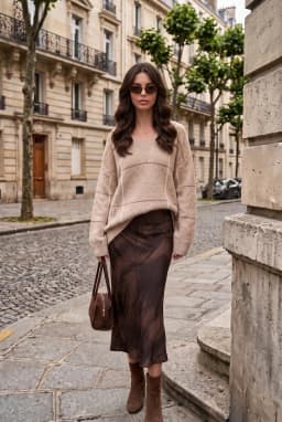 Women's Oversized V-Neck Checked Textured Knit Sweater — Beige
