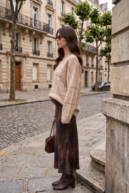 Women's Oversized V-Neck Checked Textured Knit Sweater — Beige