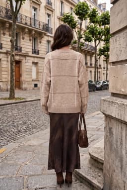 Women's Oversized V-Neck Checked Textured Knit Sweater — Beige