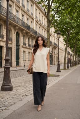 Pull Sans Manches Col V Oversize en Maille Beige Femme
