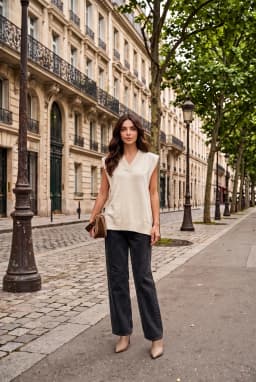 Pull Sans Manches Col V Oversize en Maille Beige Femme