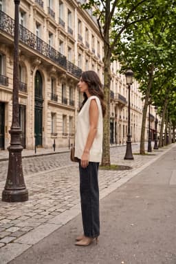 Pull Sans Manches Col V Oversize en Maille Beige Femme