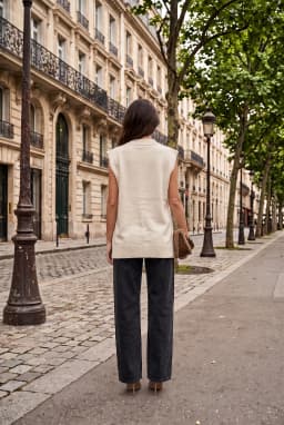 Pull Sans Manches Col V Oversize en Maille Beige Femme