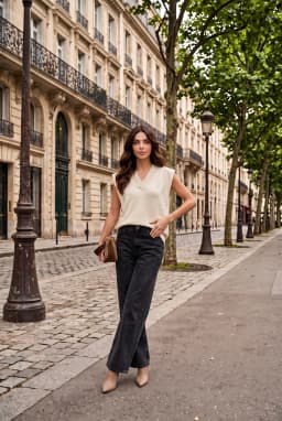 Pull Sans Manches Col V Oversize en Maille Beige Femme