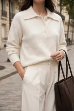 Damen Polo Pullover Langarm Strickpullover Off-White — Weiß