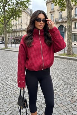 Damen Rote Karierte Oversize Zip-Up Bomberjacke