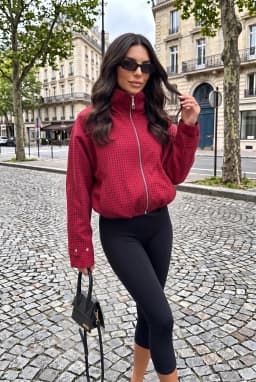 Damen Rote Karierte Oversize Zip-Up Bomberjacke