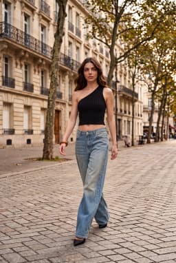 Crop Top Asimmetrico a Costine Monospalla da Donna — Nero