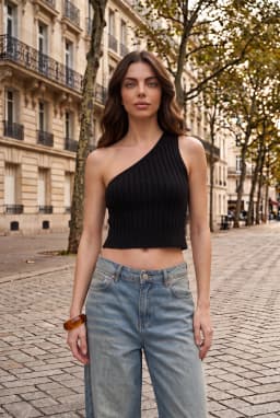 Crop Top Asimmetrico a Costine Monospalla da Donna — Nero