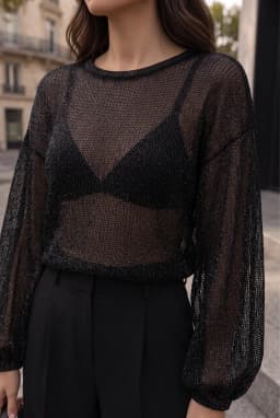 Damen Transparente Metallic-Bluse mit U-Boot-Ausschnitt und Fledermausärmeln — Schwarz