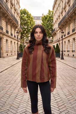 Veste Courte Rayée à Col Cheminée Femme - Manteau Décontracté Multicolore