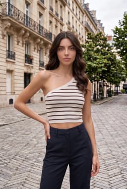 Dames Gestreepte One Shoulder Geribde Crop Top — Wit - Bruin