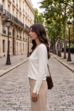 Women's V-Neck Knit Sweater with Button Cuffs — White