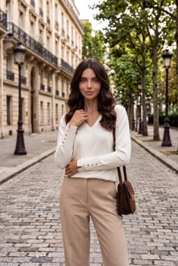 Women's V-Neck Knit Sweater with Button Cuffs — White