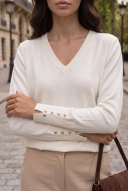 Women's V-Neck Knit Sweater with Button Cuffs — White