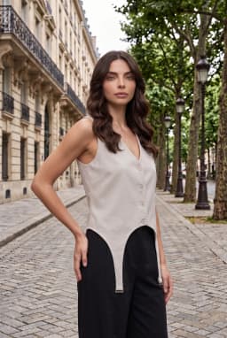 Women's V-Neck Tailored Waistcoat with Strap Detail Stone