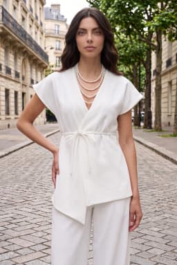 Dames V-hals Wikkel Vest Top met Strikceintuur — Wit