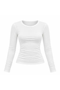 Women's White Crew Neck Fitted Long Sleeve Top with Thumbholes